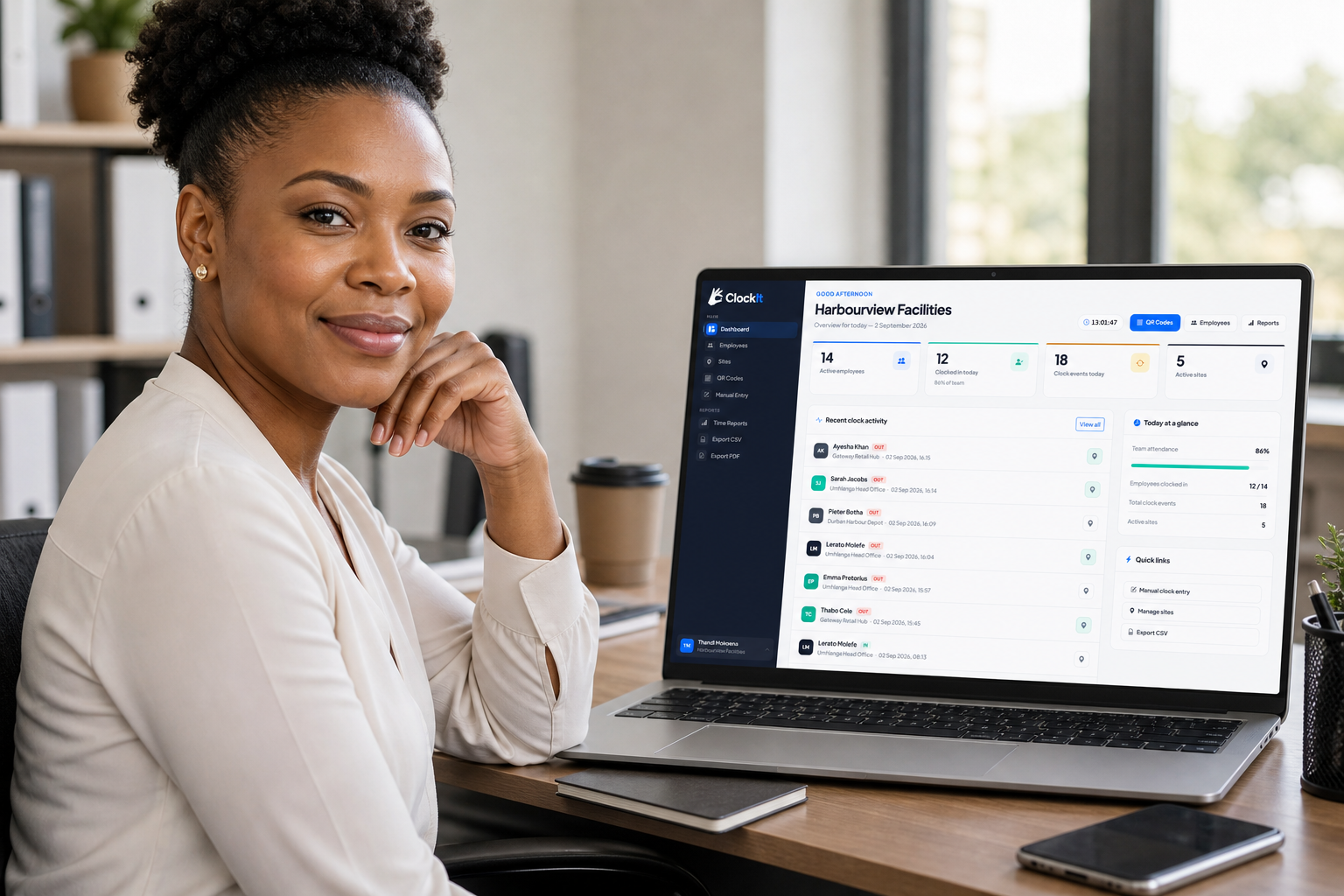 Manager viewing the ClockIt live attendance dashboard