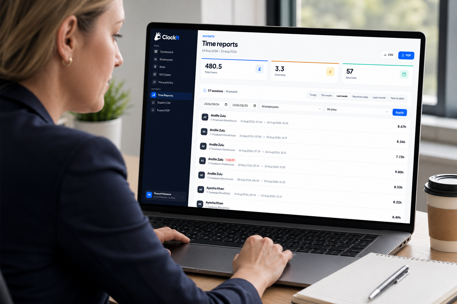 Manager reviewing ClockIt time reports for payroll
