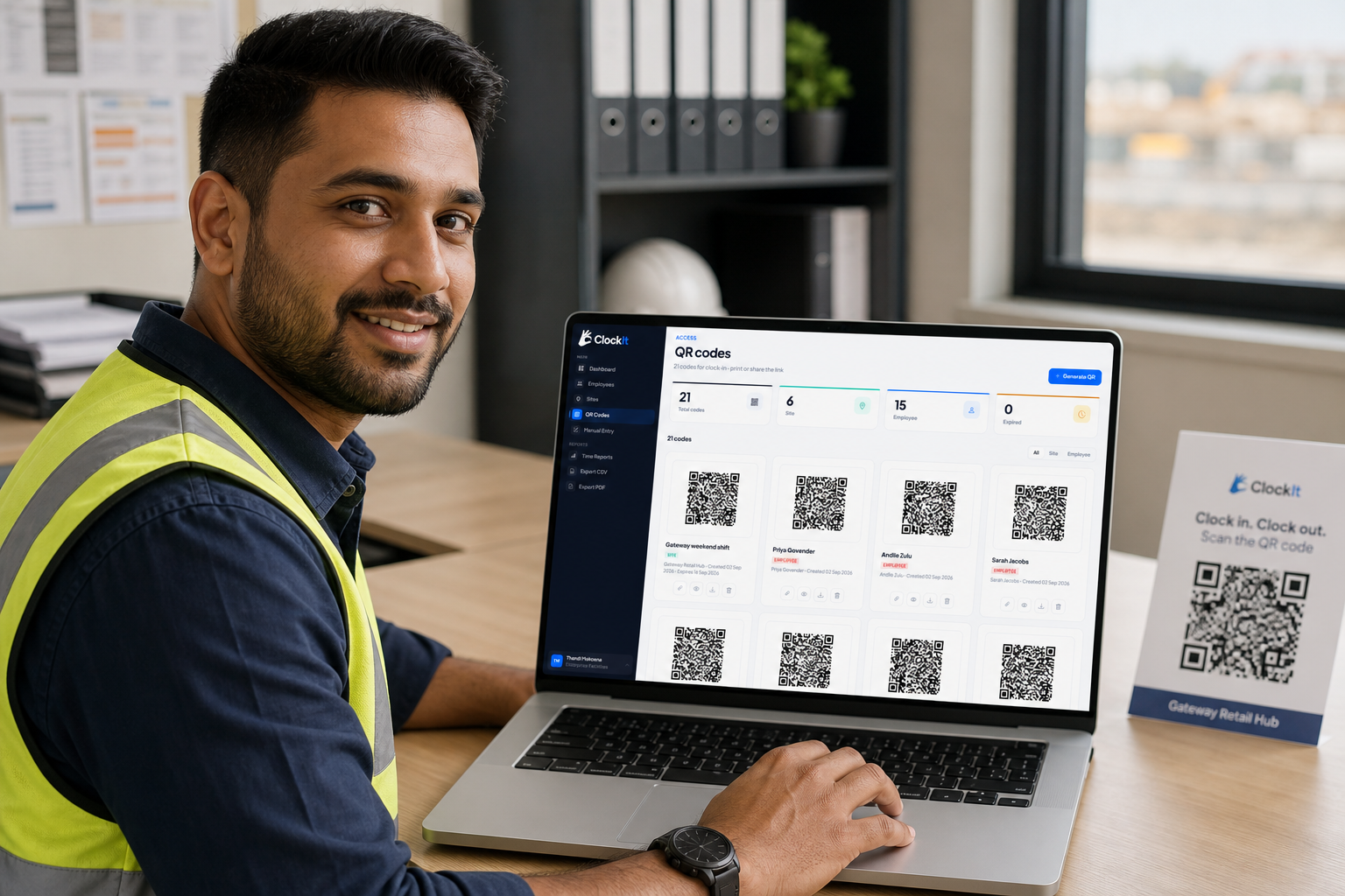 Manager reviewing ClockIt QR code gallery on a laptop