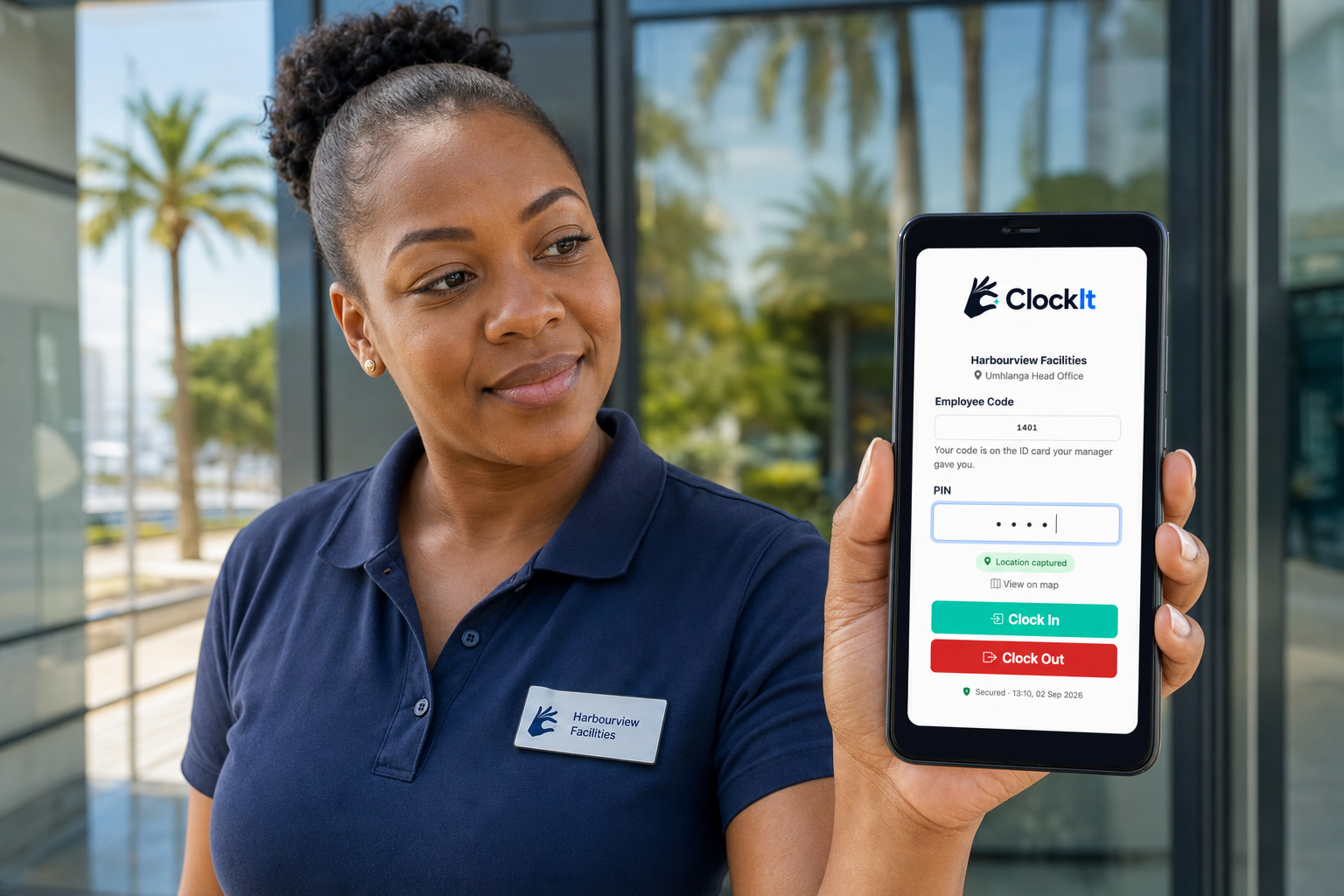 Staff member clocking in on their phone with ClockIt at the workplace entrance
