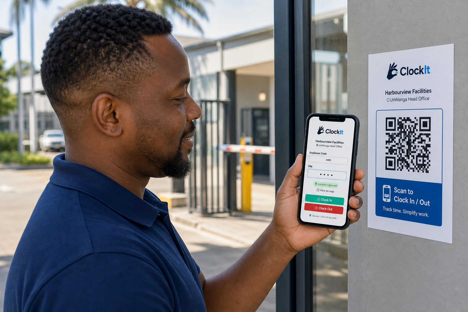 Employee scanning a ClockIt QR poster to clock in on their phone